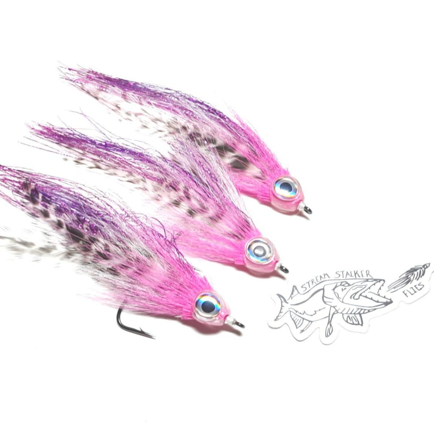 Stream Stalker Flies Mini War Machine 3/0 baitfish imitation pattern for musky bass pike trout salmon great lakes saltwater fly fishing on the fly reverse tied bucktail deer hair fish skull white and pink