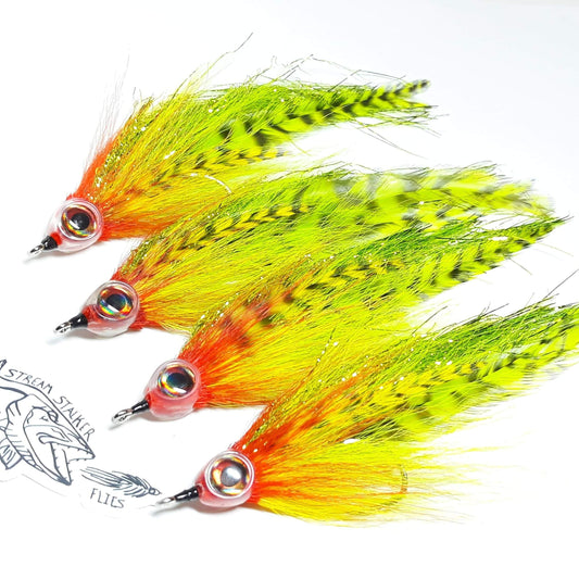 Stream Stalker Flies Predator fly fishing streamer pattern War Machine Minnow imitation in fire tiger color pattern large 5/0 Fly for musky pike bass and saltwater 7 inch lure