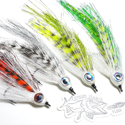 stream stalker flies mini war machine predator on the fly fishing streamer flies 3/0 for bass pike musky saltwater great lakes salmon fly pattern minnow imitation lures made in the USA tied and true flymen fishing co tying materials 