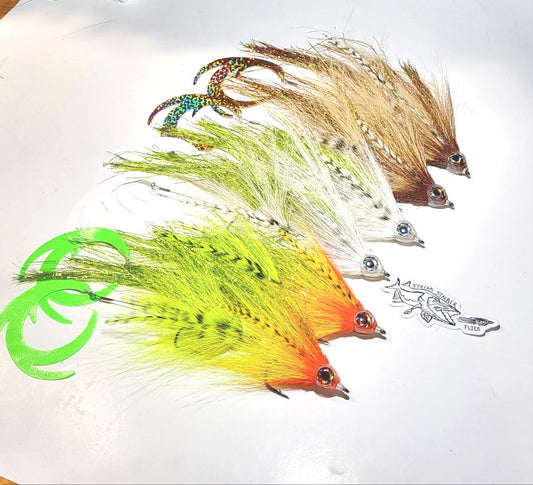 Articulated musky patterns for fly fishing. 6 WM with Dragontail